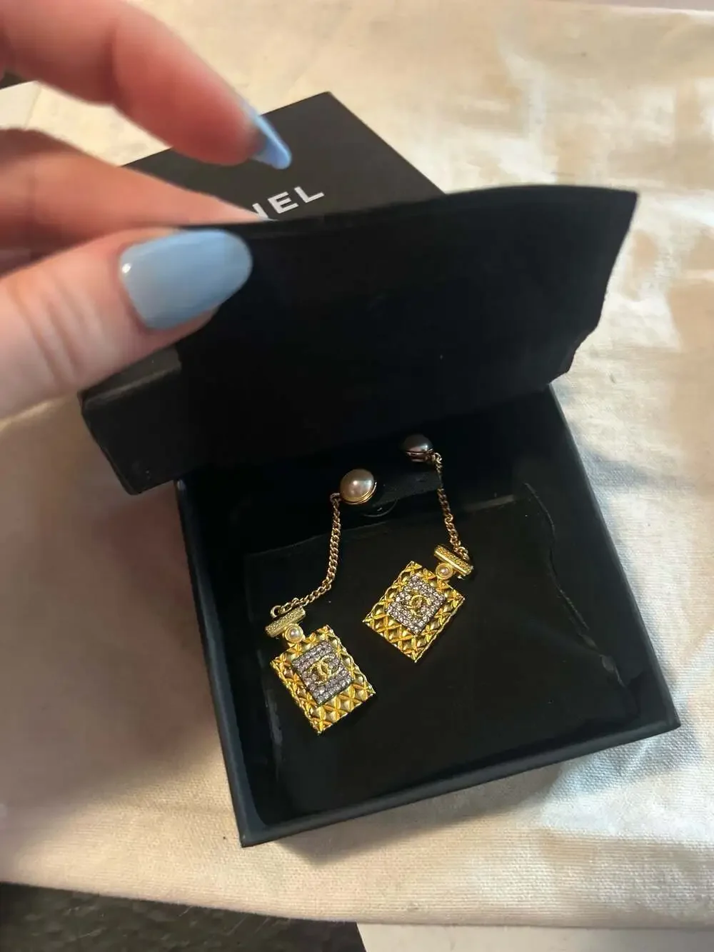 Chanel Gold Crystal Pearl CC Perfume Bottle Chain Drop Earrings